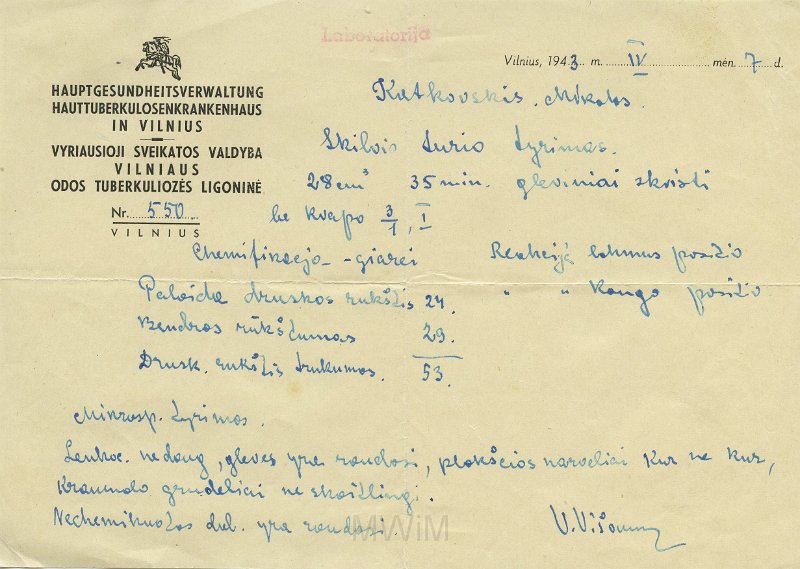 KKE 5457.jpg - (litewski) Dok. Zaświadczenie z laboratorium szpitala w Wilnie dla Michała Katkowskiego, Wilno, 7 IV 1943 r.